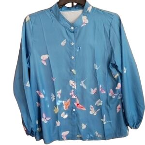 Blue Butterfly Button Down Long Sleeve Top